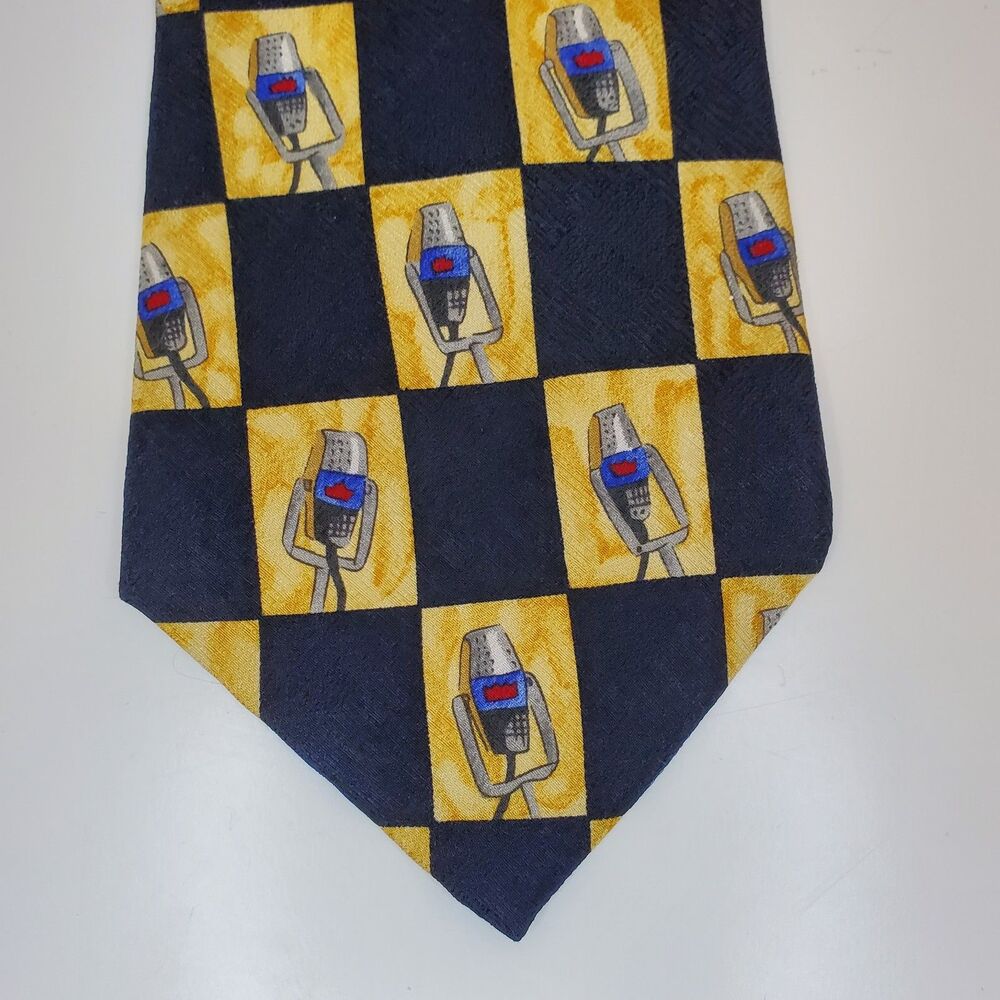 Larry King Vintage Silk Tie Microphone Graphic Black Yellow Checkered Radio Host
